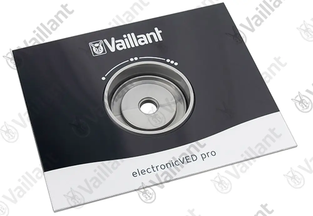 Vaillant Schalttafel mit rundem Öffnungsbereich, designet für elektronische Anwendungen, auf schwarzem Hintergrund mit Markennamen und Produktbezeichnung.